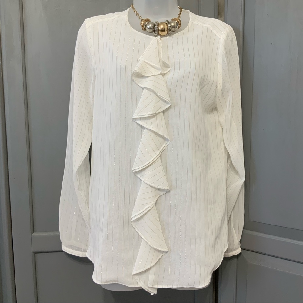 Tommy Hilfiger Metallic Shimmer Ruffle Front Blouse - Picture 2 of 14